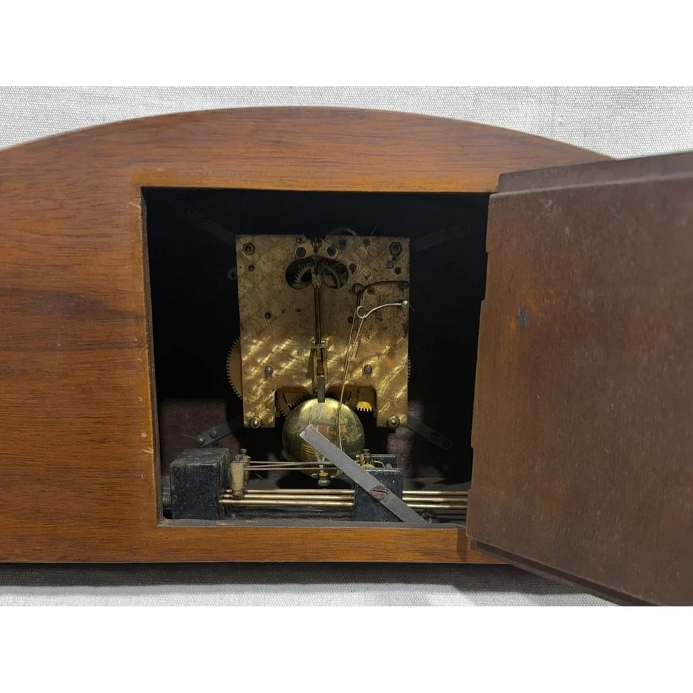 Vintage 1950s Tambour Mantel Clock German 8 Day Movement 130 Stamp Wood Case